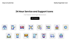24 Hour Service and Support Icons, a Solid Icon by Wencory