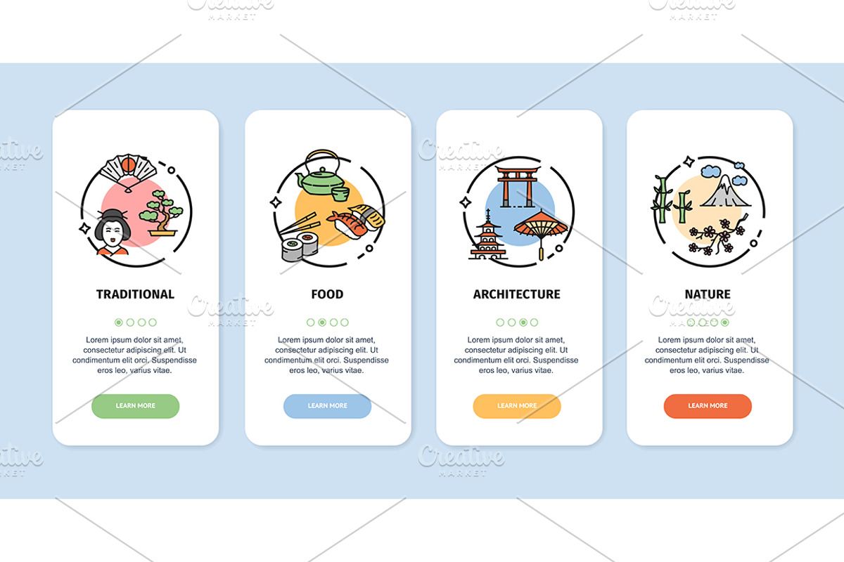 Japan Travel App Screens Cards Set, a Templates & Theme by Vector and Templates