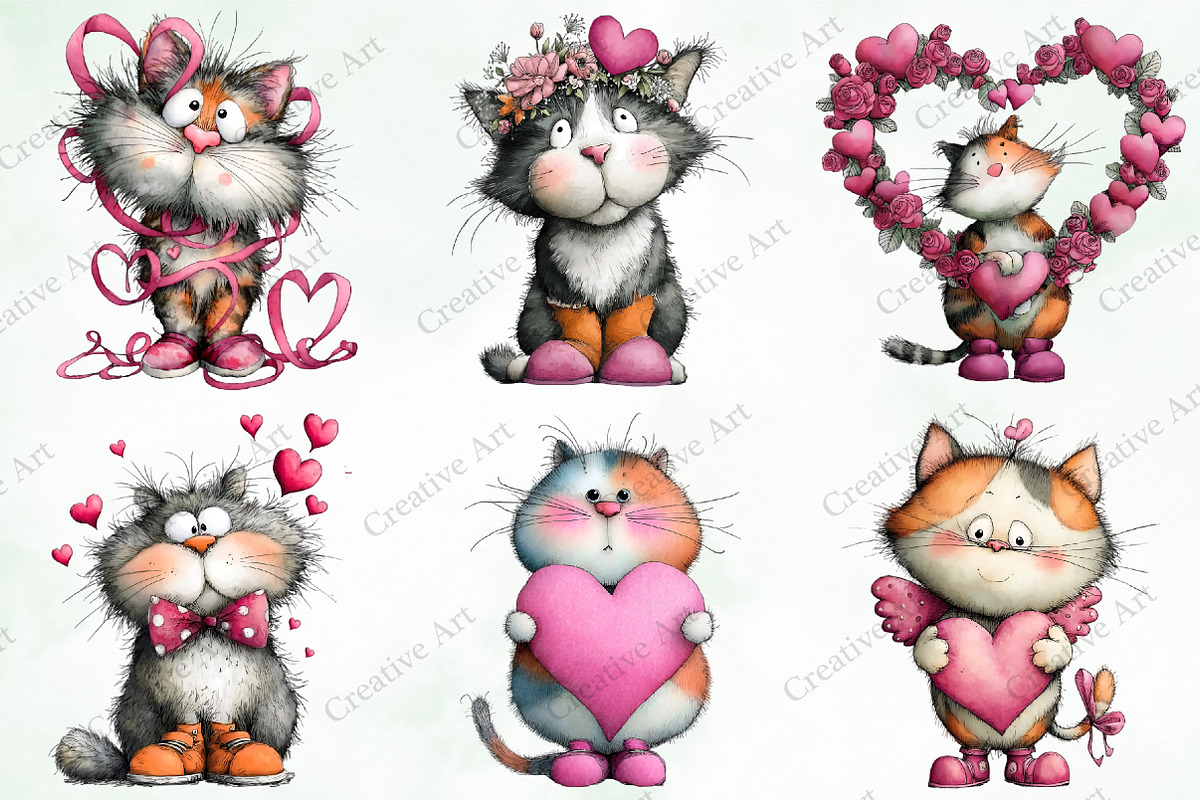 Whimsical Valentine Cat Clipart Bund, an Illustration by Creative Art (Photo 3 of 9)