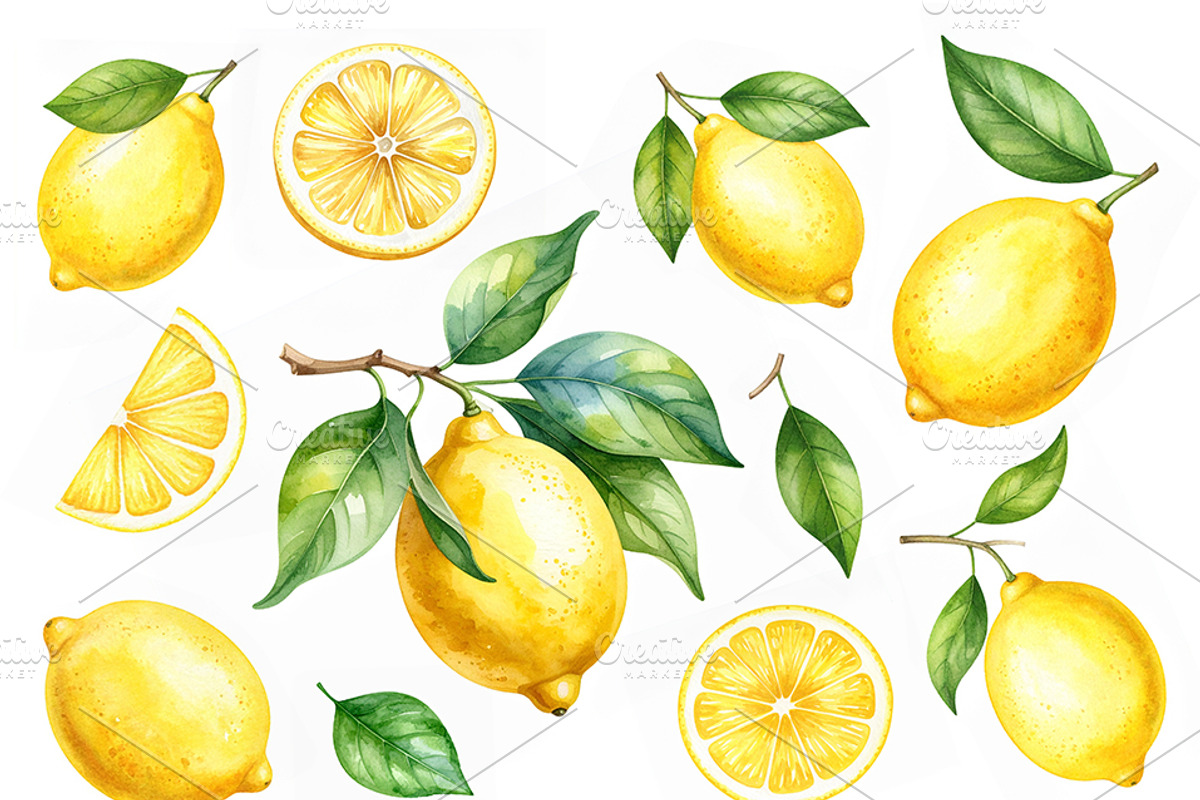 Set Of Lemons In Watercolor Style, a Graphic by Black White Mouse Design