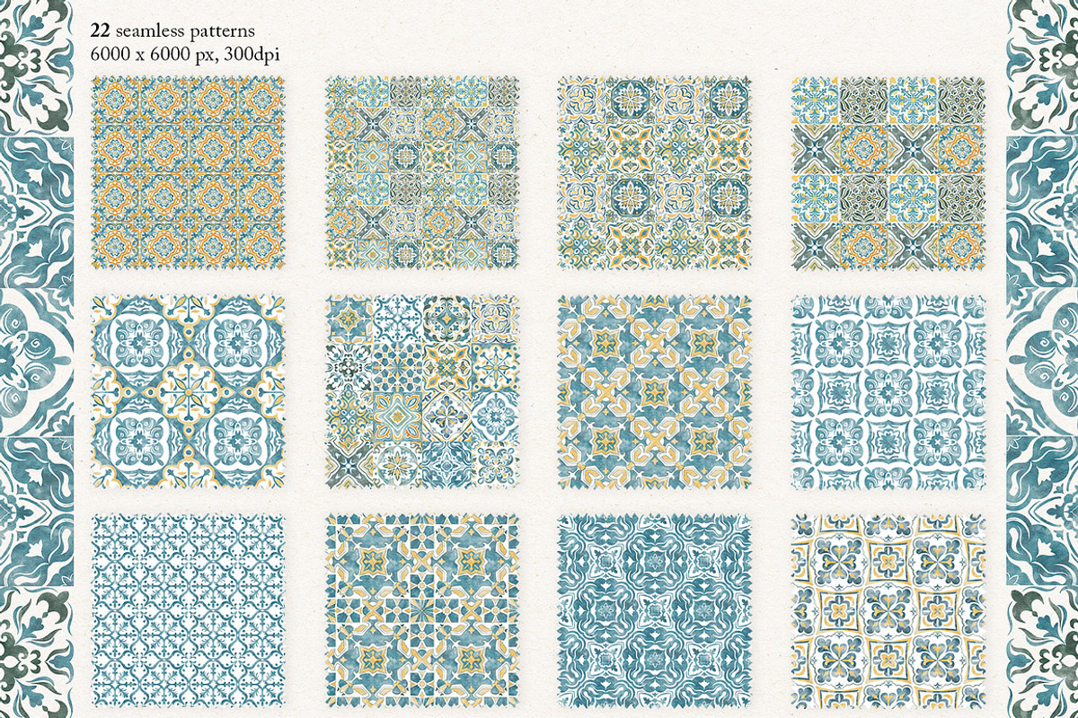Azulejos watercolor tiles & Patterns, a Pattern Graphic by Jenny Quince (Photo 11 of 12)