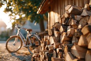Bicycle leaning against a wood pile near a rustic cabin in soft evening light, a Transportation Photo by AlyaAnd