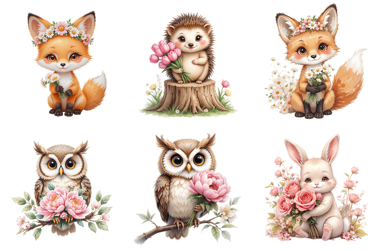 Spring Woodland Animal with Bouquet, a Seasonal Illustration by DreamArtGraphic (Photo 3 of 4)