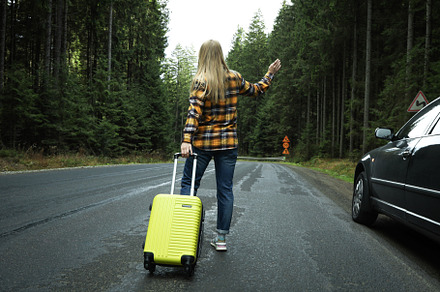 Adventure and tourism concept, young woman traveling by auto sto, a Nature Photo by AtlasStudio PRO