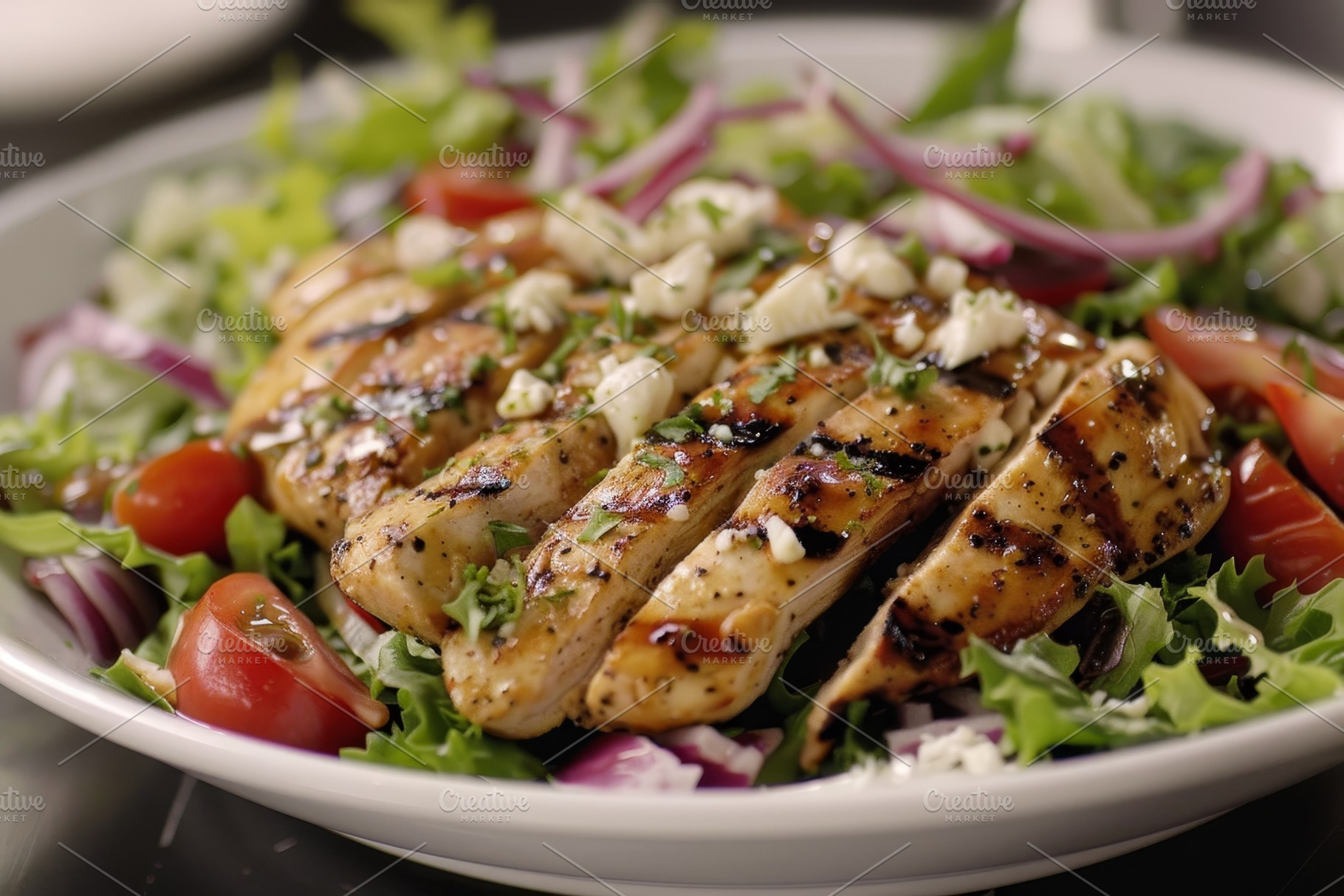 A white plate filled with grilled ch, a Photo by Iftikhar Alam