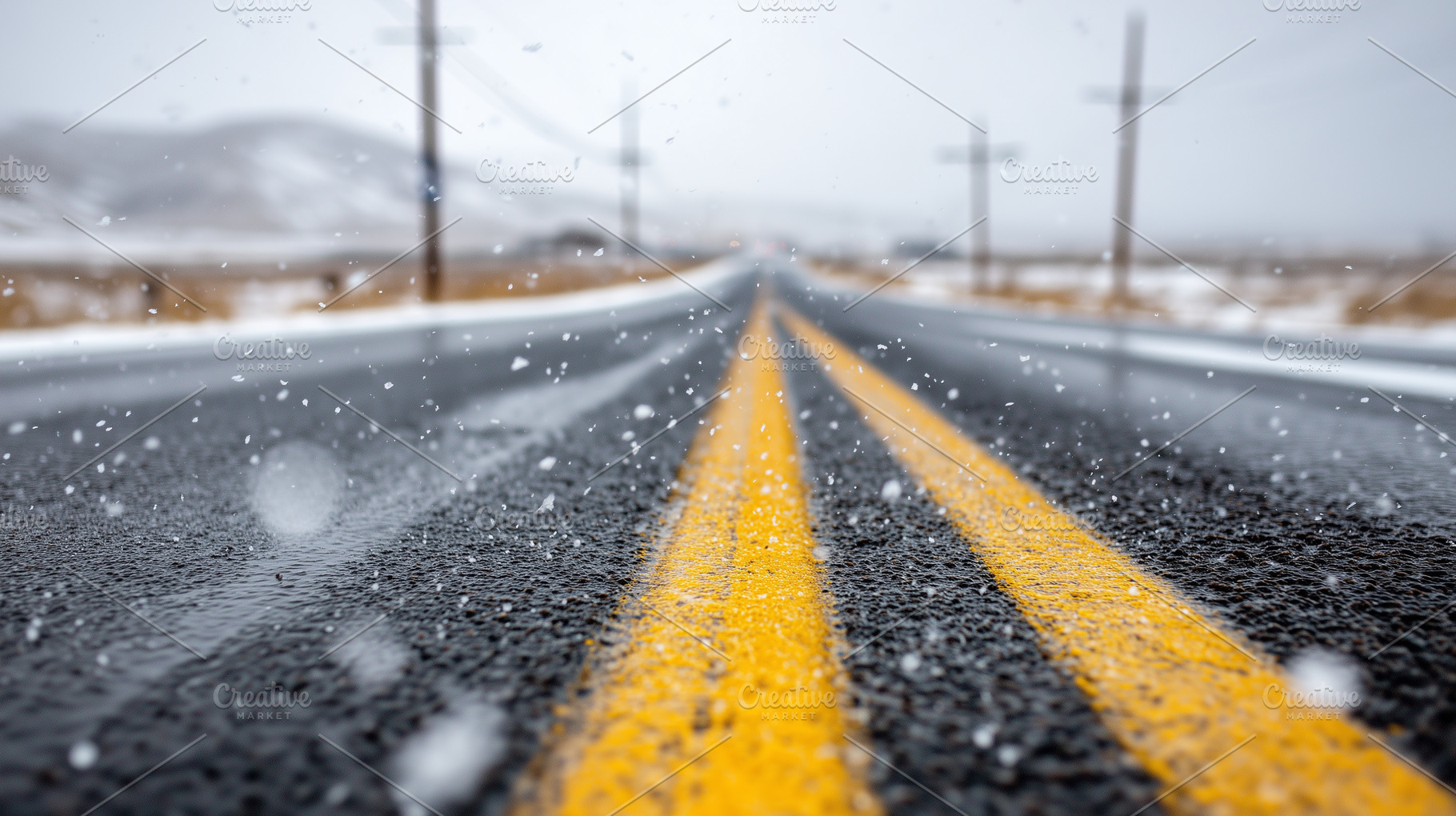 Snowy road with yellow lane, a Transportation Photo by MistyDay