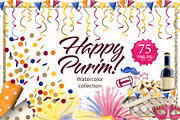 Happy Purim Watercolor Clipart, a Seasonal Illustration by Elena Malgina Clipart (Thumbnail 1 of 9)