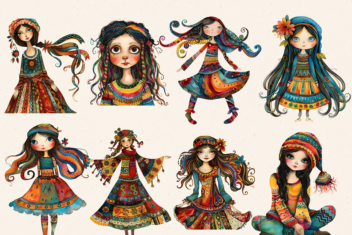 WHIMSICAL FOLK GIRL CLIPART PACK, a Person Illustration by Daring Digies (Photo 3 of 9)