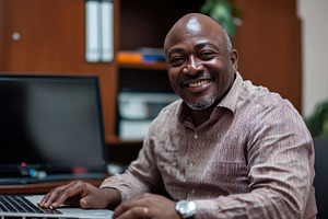Smiling professional man works at hi, a Photo by Tanuart