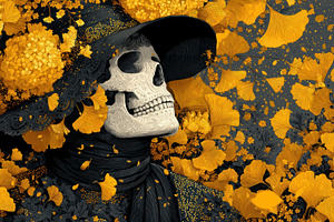 Elegant skeleton with floral engravings wearing a black hat and, a Holiday Photo by José Manuel Gelpi