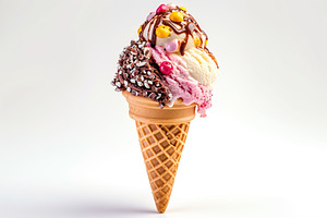 Colorful ice cream with sprinkles in waffle cone on white background, a Food & Drink Photo by AlyaAnd