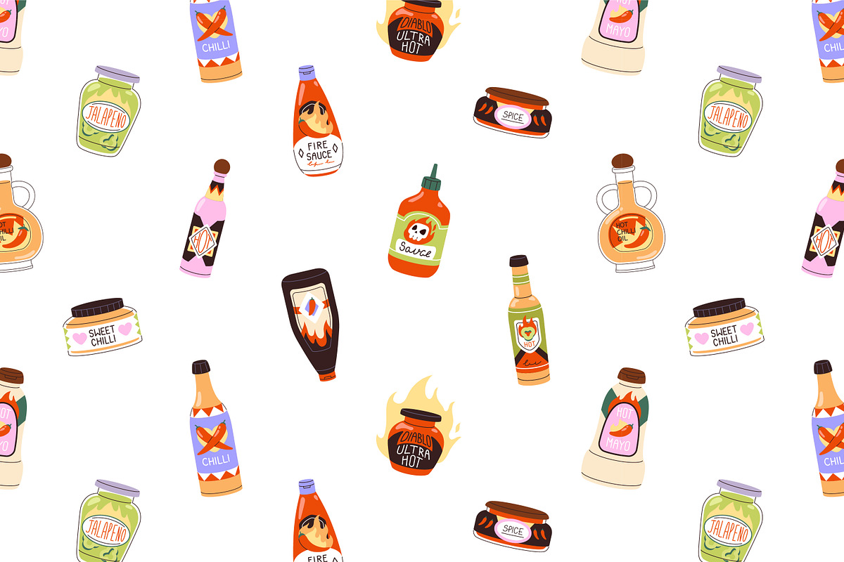 Spicy sauces set + seamless patterns, a Food Illustration by PaperTrident (Photo 4 of 4)