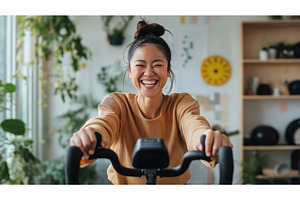 A cheerful Asian woman exercises on, an Architecture Photo by Sergey Kotenev