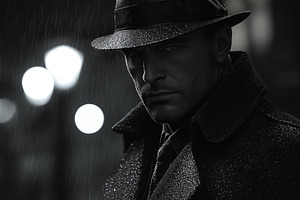 A serious man in a fedora stands in the rain, cloaked in shadows and mystery, e, a Person Photo by ImageMir
