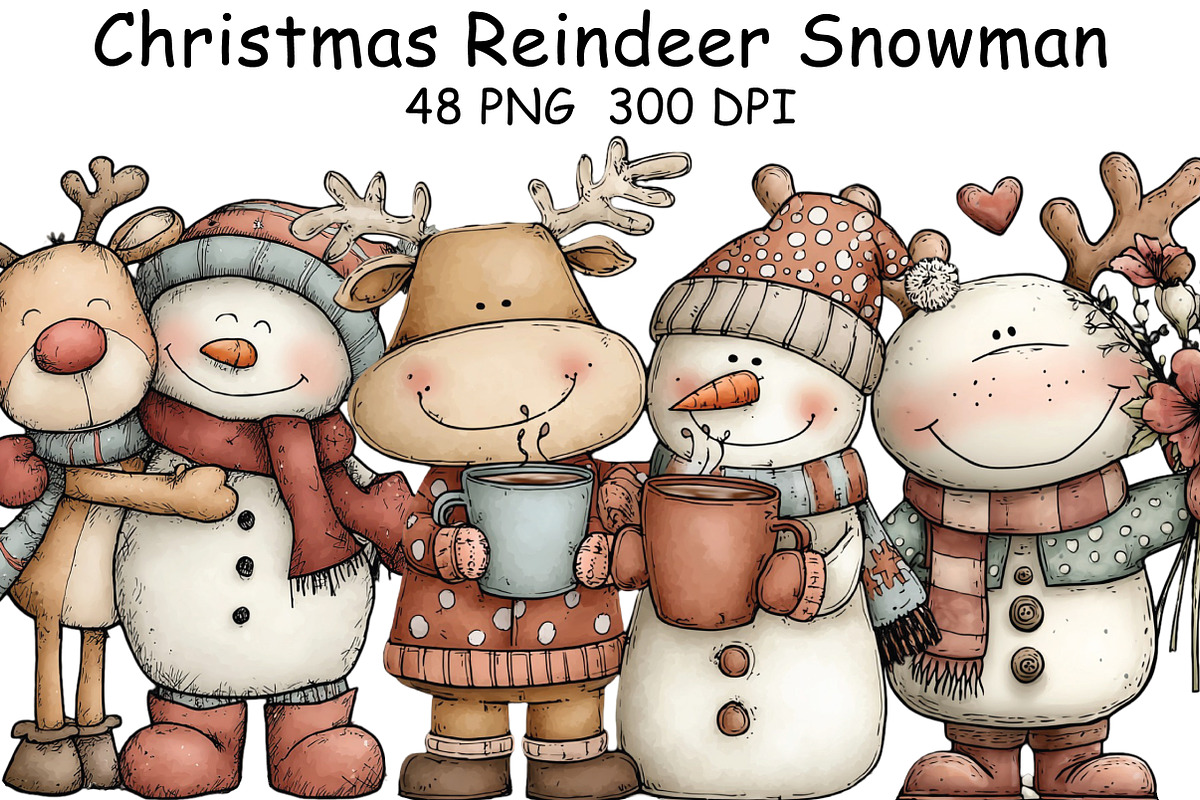 Christmas Reindeer Snowman Clipart, an Illustration by CraftArtStudio (Photo 1 of 6)