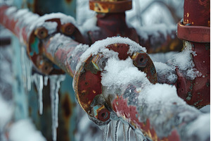 Frozen pipes covered with snow and, an Industrial Photo by Ylivdesign