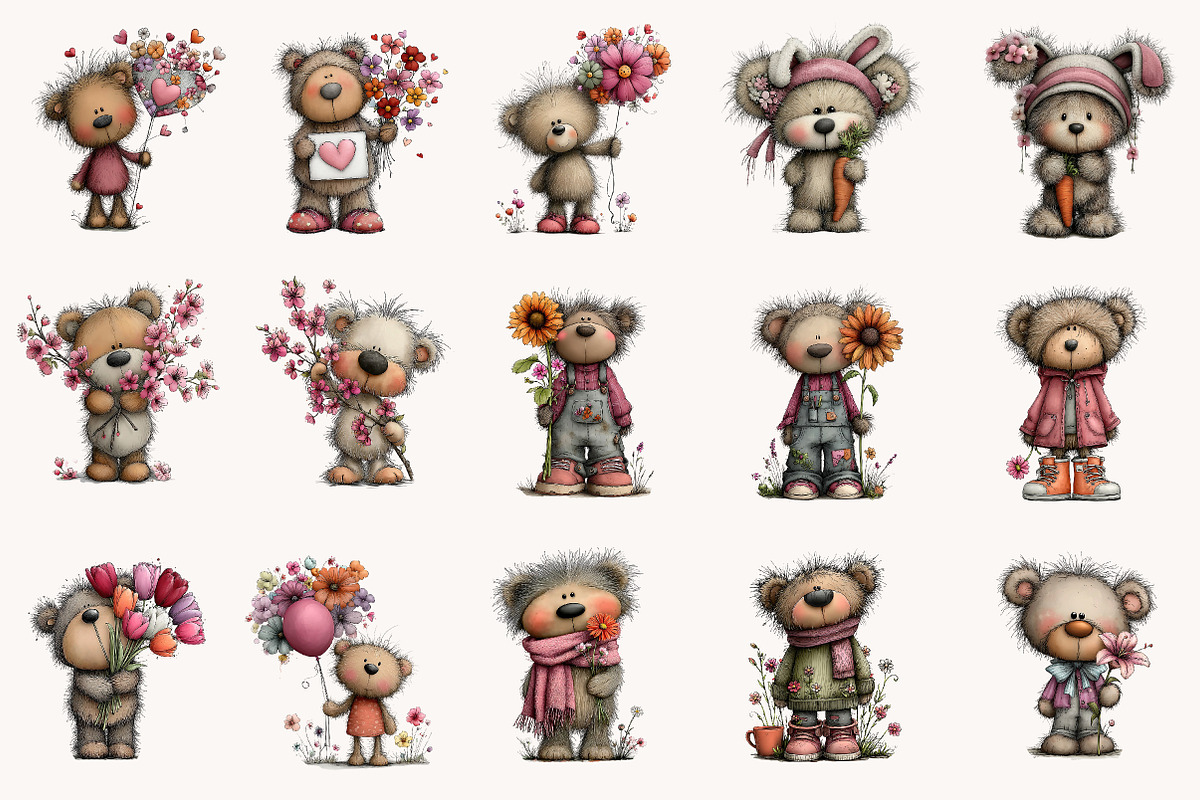 Whimsical spring teddy bear clipart, an Illustration by Designworld (Photo 5 of 10)