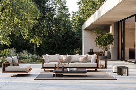 Luxurious Outdoor Living Space with Garden Backdrop, an Abstract Photo by Natalia Klenova's Shop