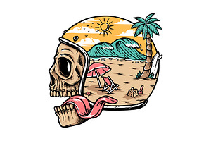 skull wearing helmet and beach scene