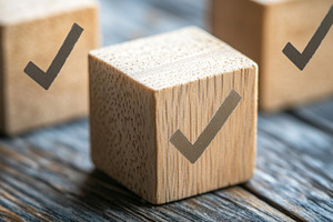 Wooden Block with Checkmark Symbol on Rustic Background, an Abstract Photo by Natalia Klenova's Shop