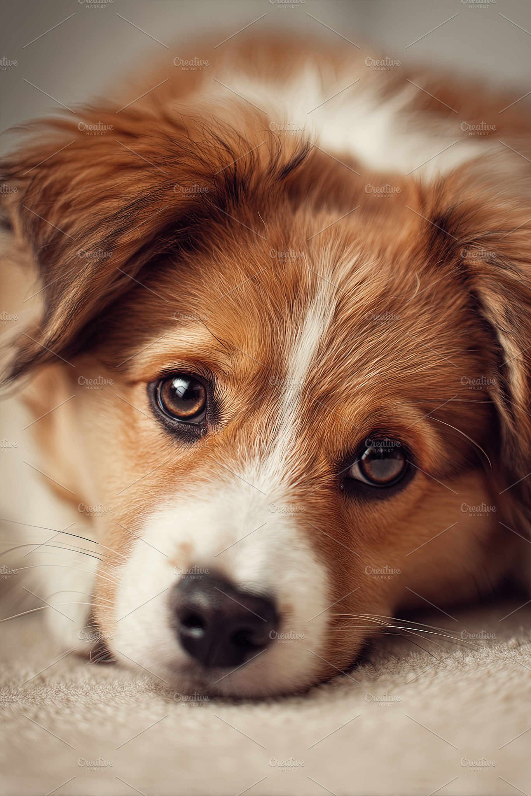 Adorable brown and white puppy resting on a soft carpet, close-u, an Animal Photo by Ales Munt