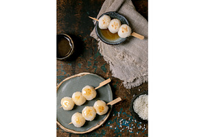 Japanese Dango Dumplings on Wooden