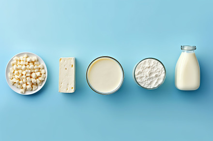 Fresh dairy products on blue background, a Food & Drink Photo by AlyaAnd