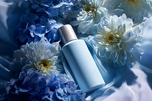 Skincare product bottle surrounded by blue hydrangea and white d, a Photo by Studio ANNA