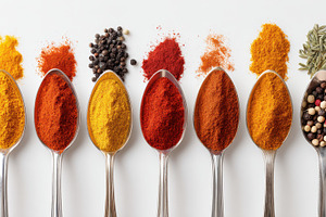 Variety of spices in silver spoons on white background, a Food & Drink Photo by AlyaAnd