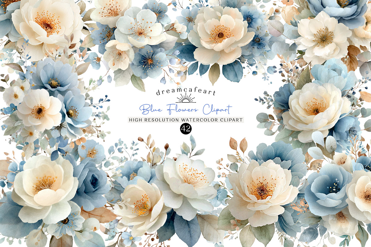 Watercolor Blue Flowers Clipart, an Illustration by DreamCafeArt (Photo 1 of 6)
