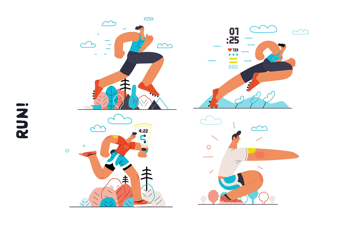 RUN! flat vector illustrations set, a Templates & Theme by Grivina's shop (Photo 3 of 24)