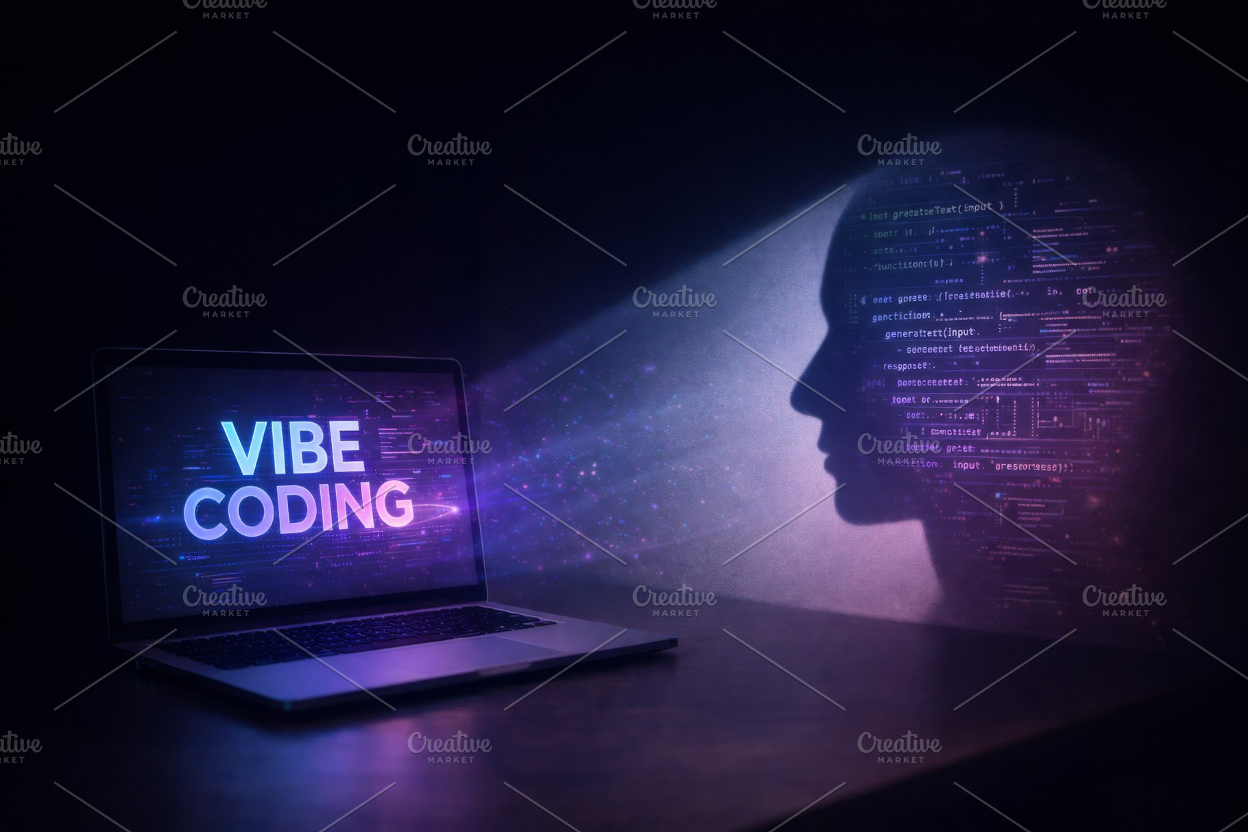 Vibe coding education concept with silhouette and laptop, featur, a Photo by Dvoevnore photos