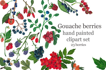 Berry set, hand drawn, gouache