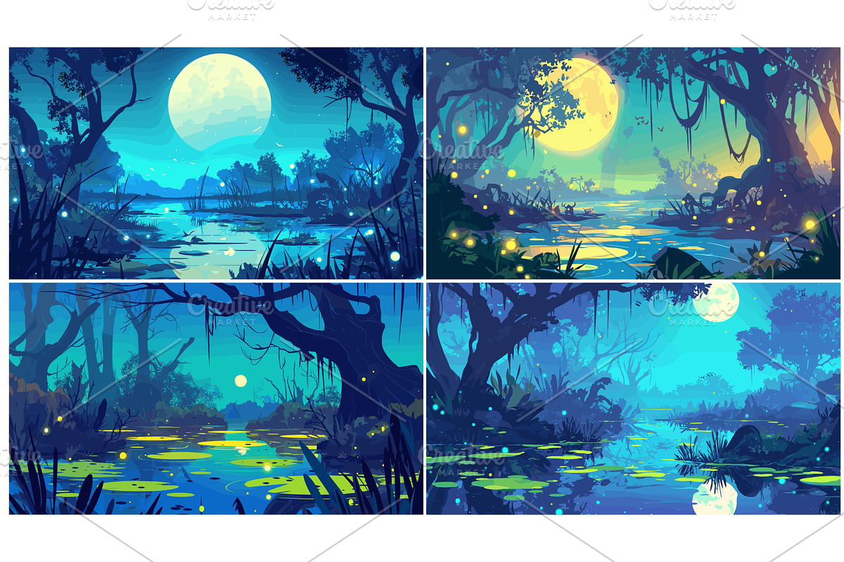 Swamp forest. Cartoon night marsh, an Illustration by Stock-Smart-Start