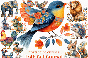 Watercolor Folk Art Animals Clipart, an Illustration by Craft Nest