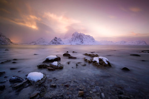 Sunset over lofoten containing lofoten, beach, and norway