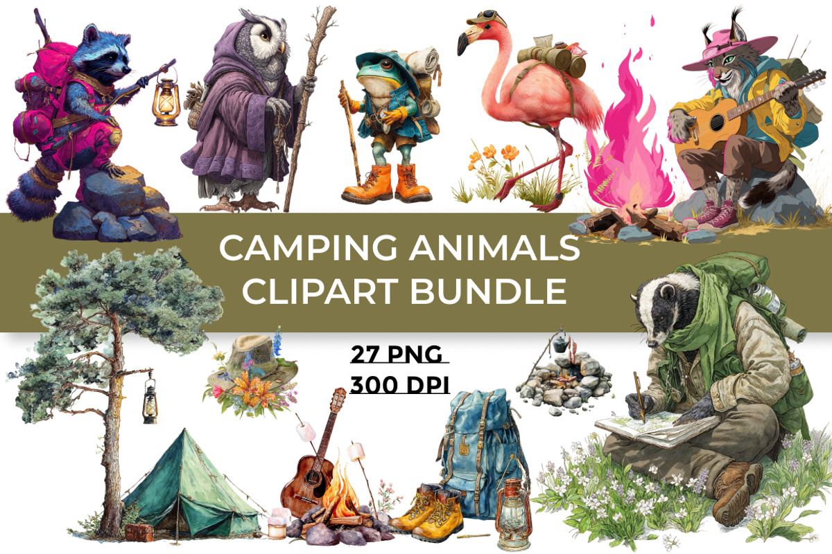 Camping Animals Clipart Bundle 27PNG, an Animal Illustration by InkyQueenArt (Photo 1 of 8)