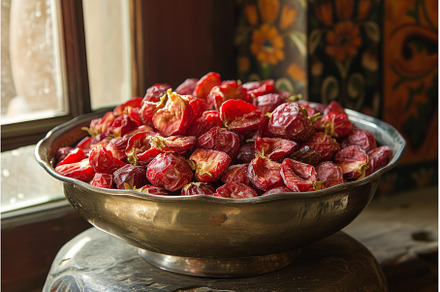 Sunlit bowl of dried rose hips by, a Nature Photo by Ylivdesign