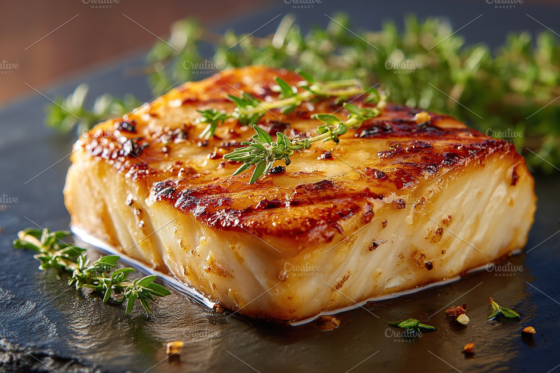 Grilled fish fillet with herbs on slate, a Food & Drink Photo by AlyaAnd