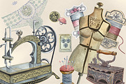 Watercolor vintage sewing kit, an Illustration by AkvarelRiver (Thumbnail 6 of 15)