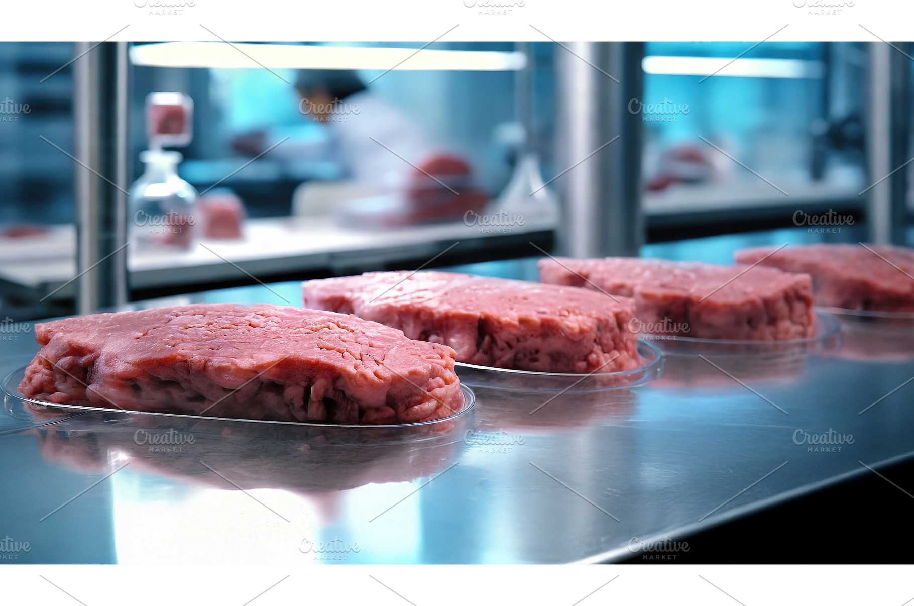 Rows of fresh minced meat in a, an Industrial Photo by Igor Tichonow