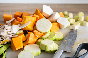 Fresh vegetables on cutting board with zucchini carrot potato and pumpkin, a Food & Drink Photo by etorres69