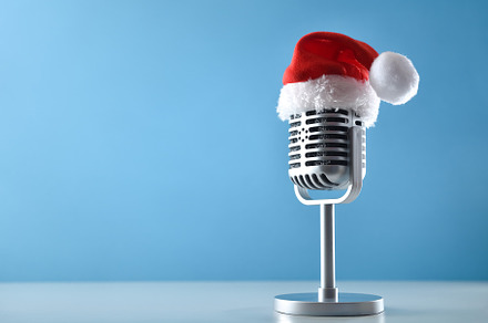 Retro Christmas microphone with stand on cyan isolated backgroun, a Sports & Recreation Photo by Davizro's Market