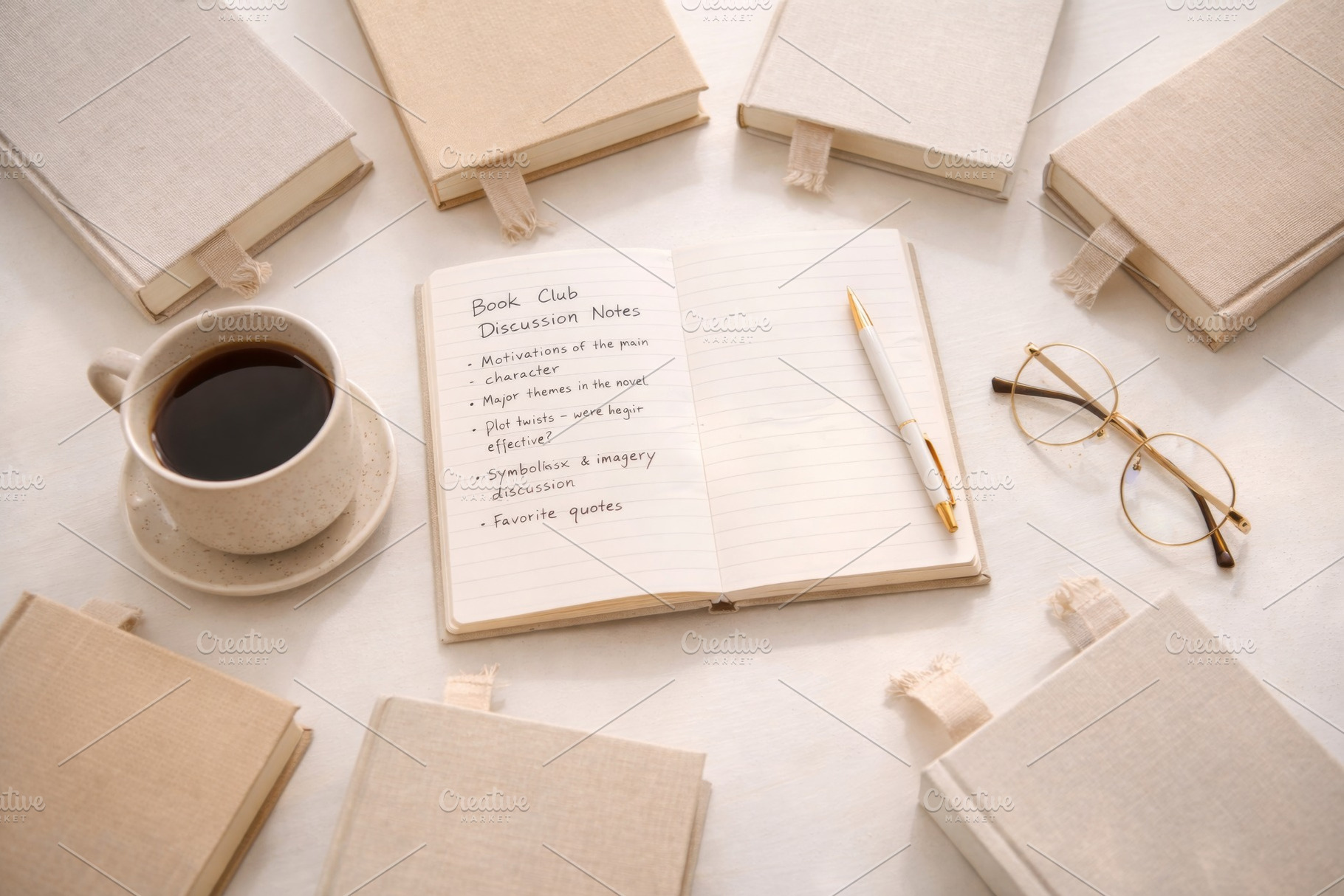 Reading club setup with open noteboo, a Photo by Dvoevnore photos