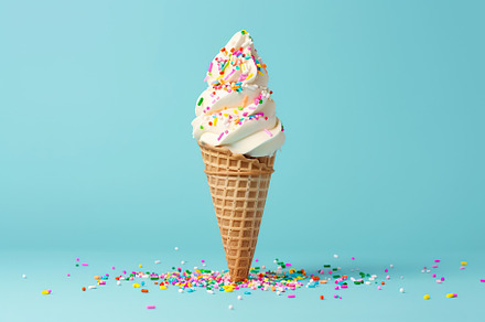 Ice cream with sprinkles in waffle cone on blue background, a Food & Drink Photo by AlyaAnd
