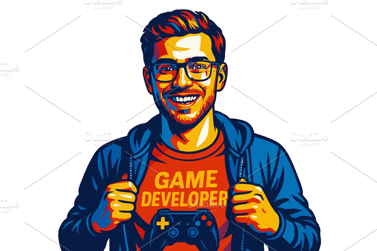 Smiling Male Game Developer Holding, a Person Illustration by AlexArt