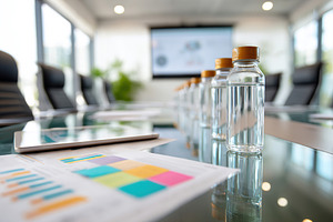 Meeting with water bottles and presentation materials in a modern conference ro, a Photo by AlyaAnd