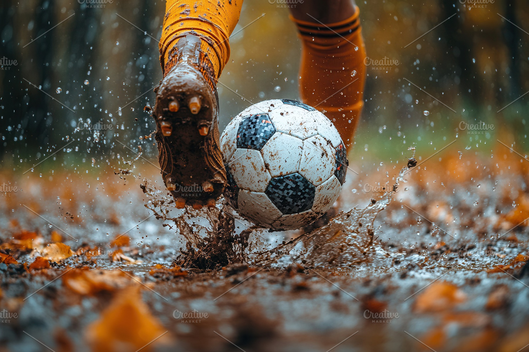 Soccer player kicking a ball in mudd, a Photo by Tanuart
