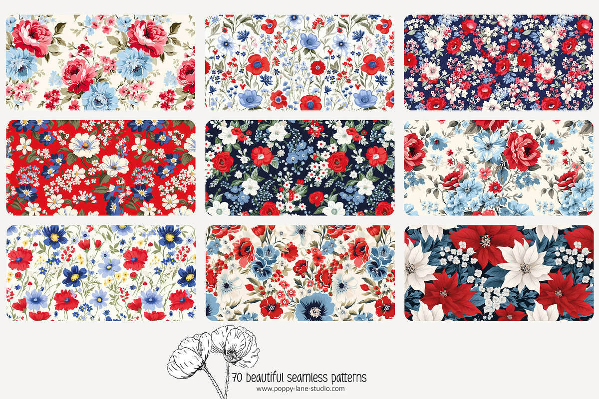 70 red/blue floral seamless pattern, a Pattern Graphic by Poppy Lane Studio (Photo 3 of 10)