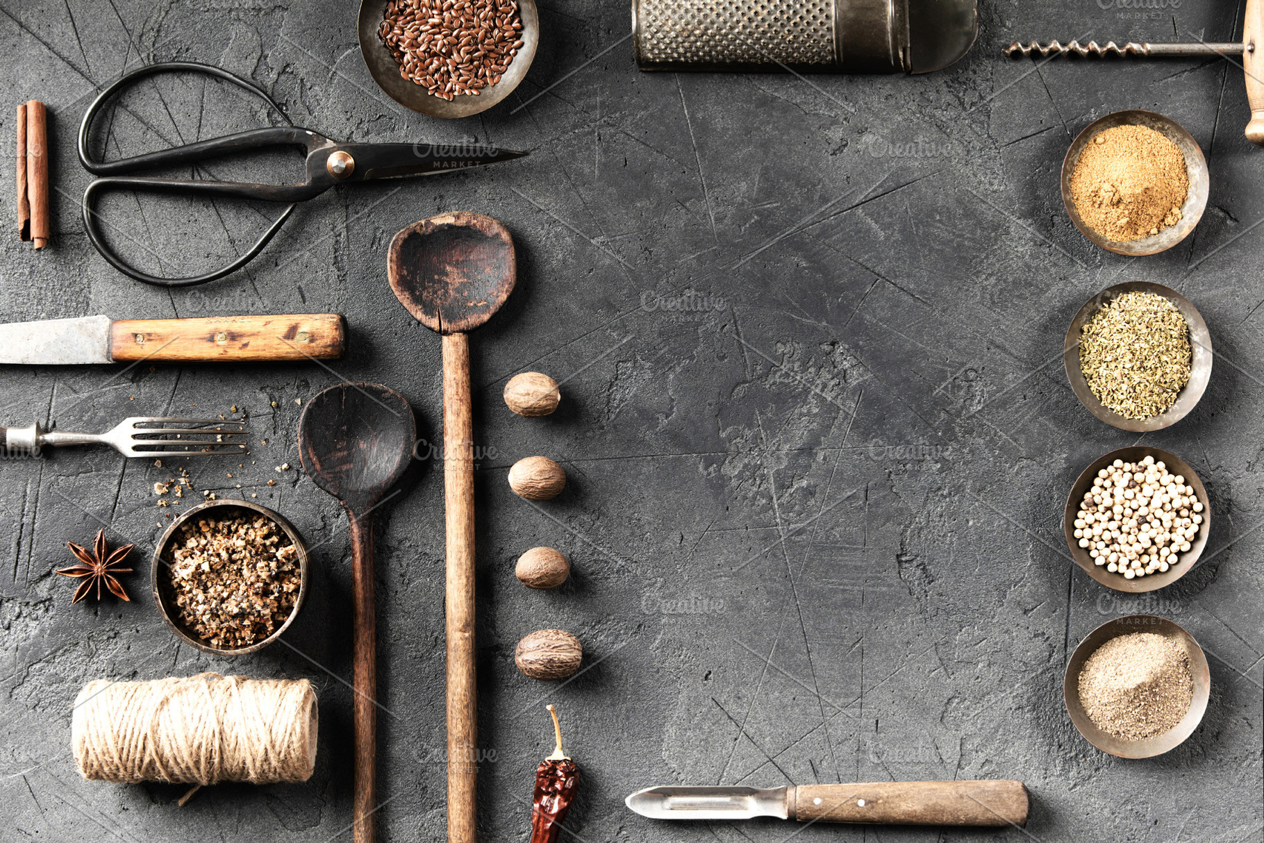 Rustic Culinary Tools and Spices on Dark Stone Background, a Food & Drink Photo by Natalia Klenova's Shop